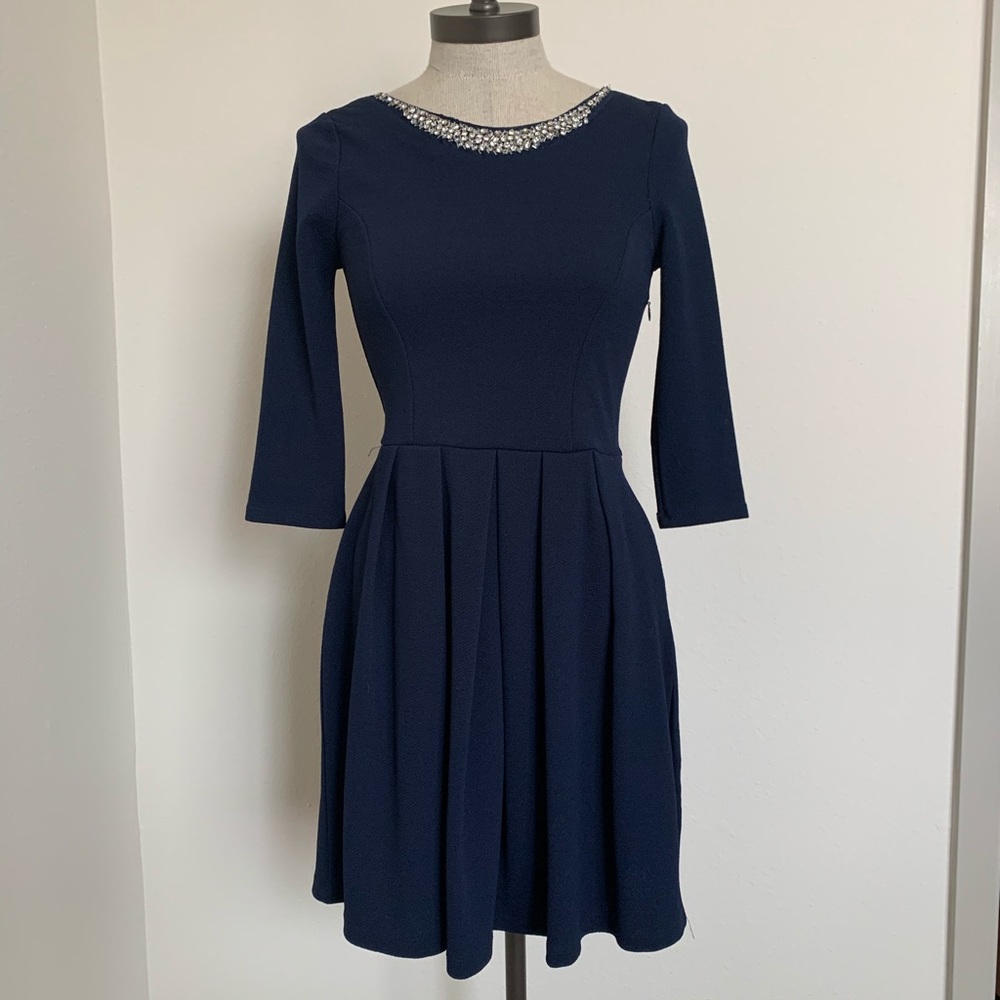 Navy Dress with Rhinestone detailing on the neck